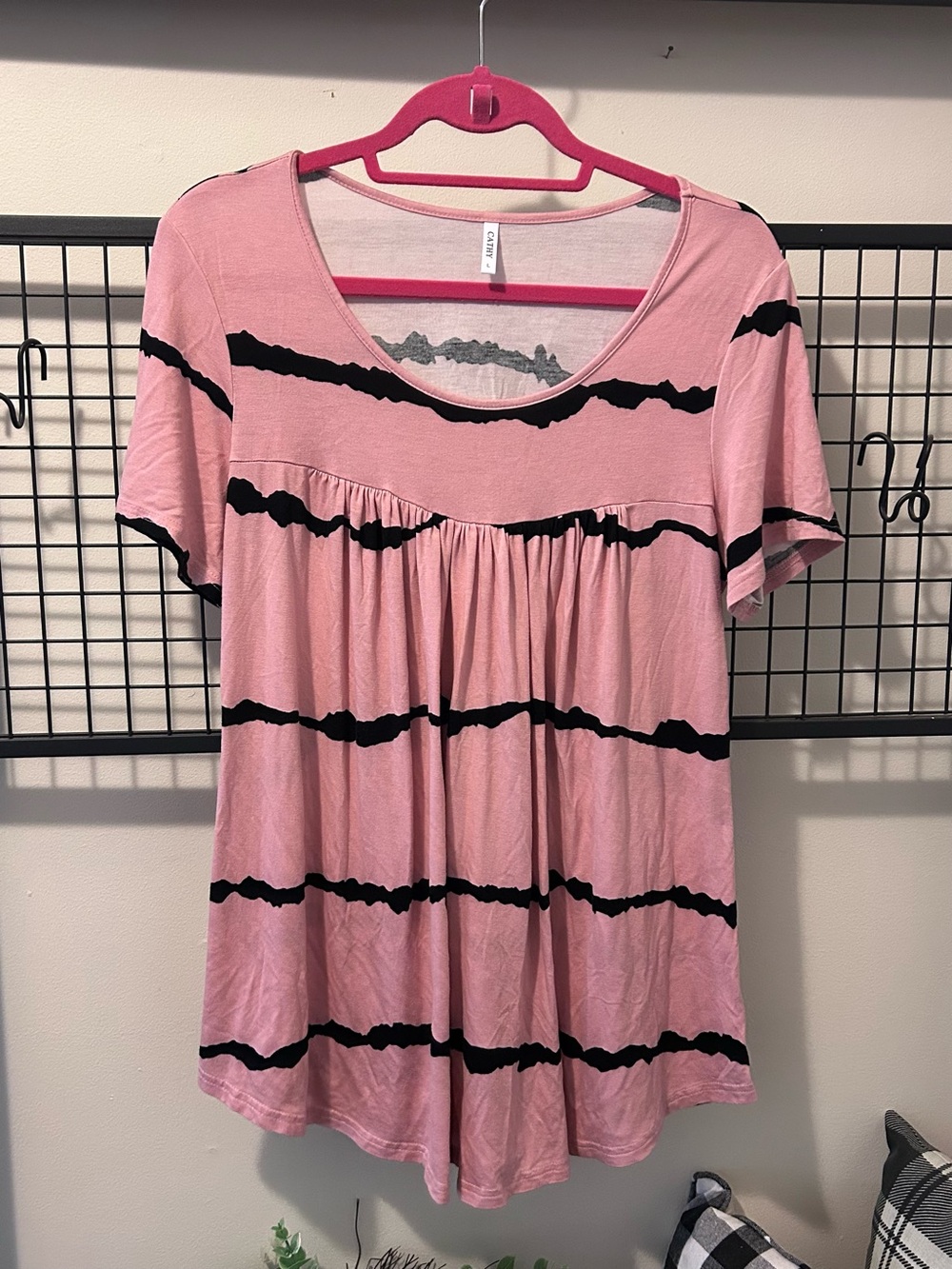 Women's Pink Short-Sleeve Scoop Neck Top with Black Stripes